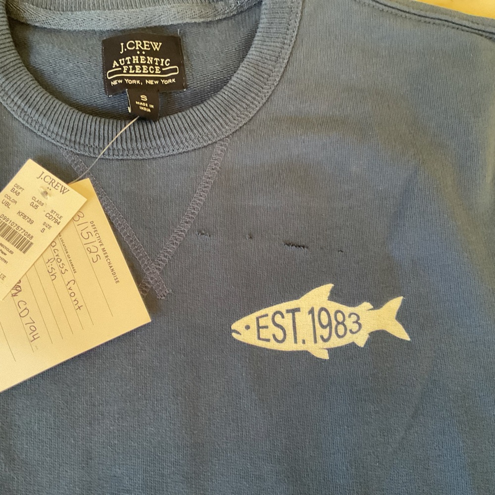 NWT J. Crew men’s blue crew neck 1983 Shark sweatshirt Sz S - Sliced above logo - Picture 5 of 6